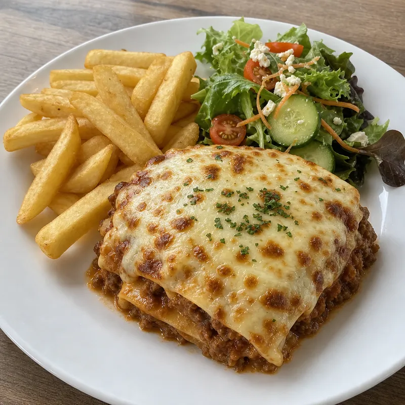 Baked beef lasagne with chips and garden salad