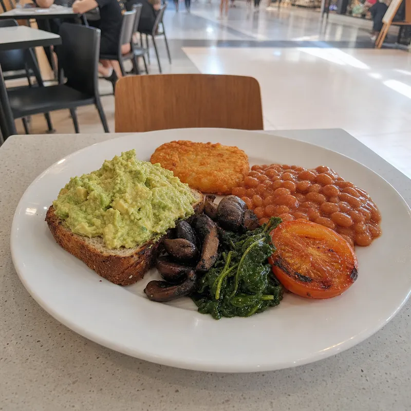 Vegan breakfast plate with avocado, mushrooms, tomato and toast